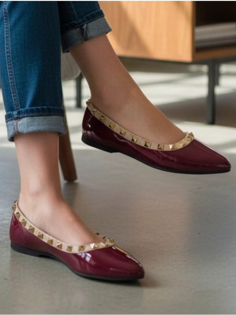 Studded Burgundy Patent Leather Flats With Pointed Toe & Quilted Insole